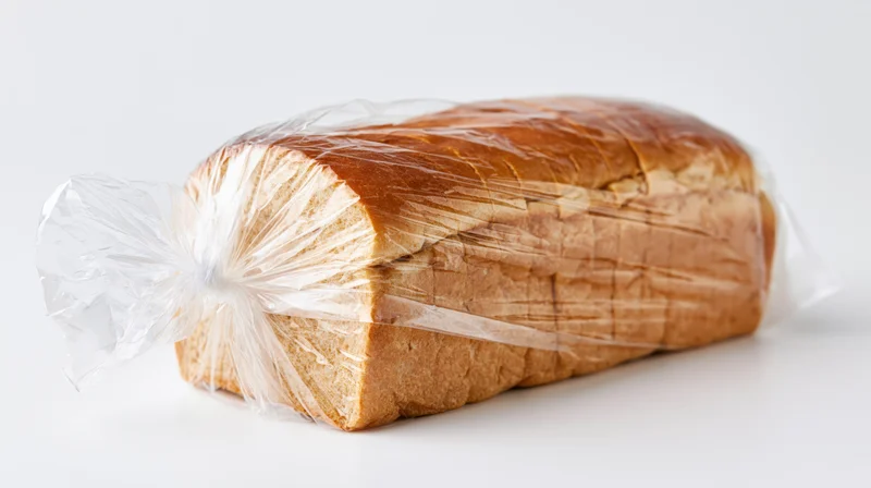 Loaf of pre-sliced whole wheat sandwich bread sealed in transparent plastic wrap on white background