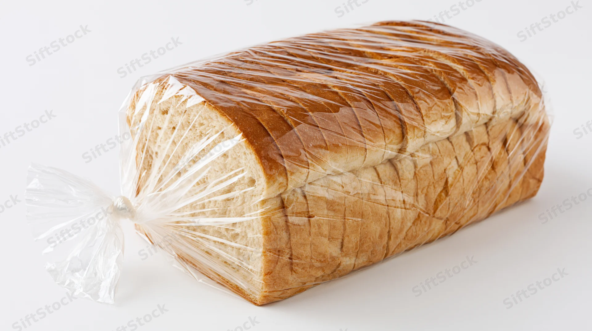 Loaf of sliced sandwich bread wrapped in clear plastic bag on white background