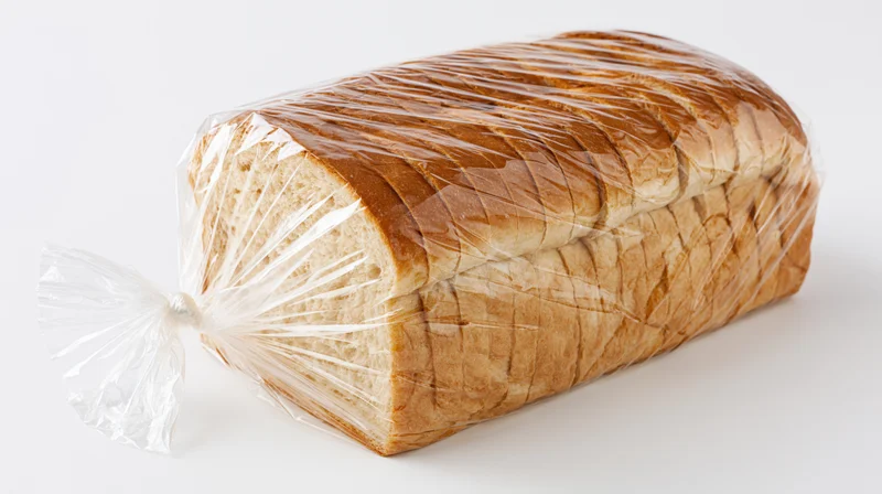 Loaf of sliced sandwich bread wrapped in clear plastic bag on white background