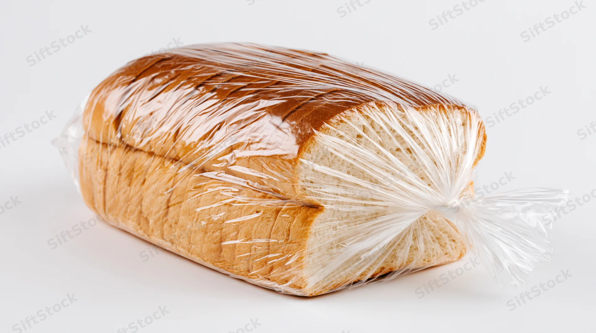 Loaf of sliced sandwich bread wrapped in clear plastic bag on white background