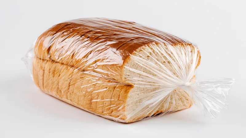Loaf of sliced sandwich bread wrapped in clear plastic bag on white background