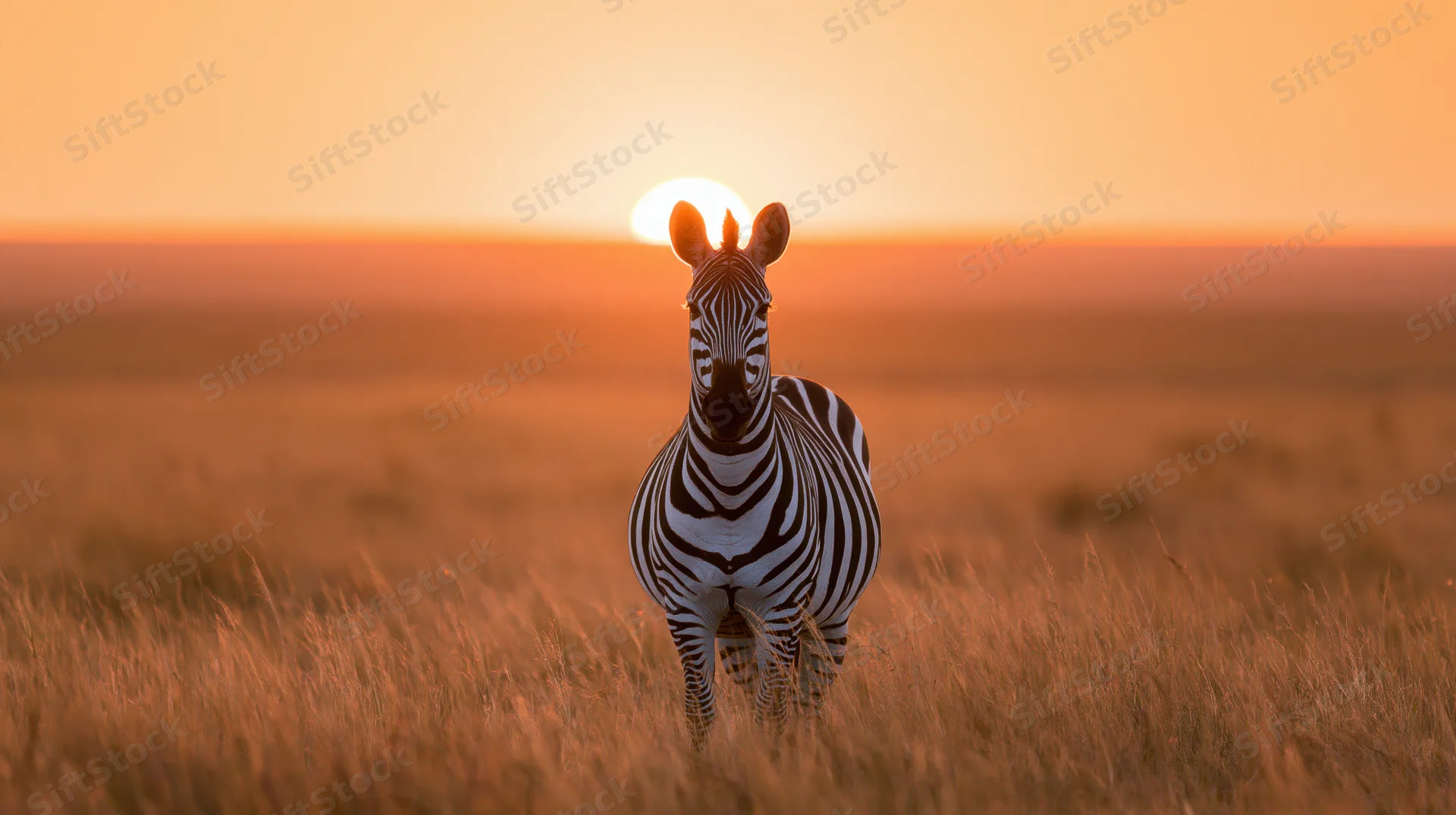 Zebra standing in tall grass facing the camera at sunset in open savanna