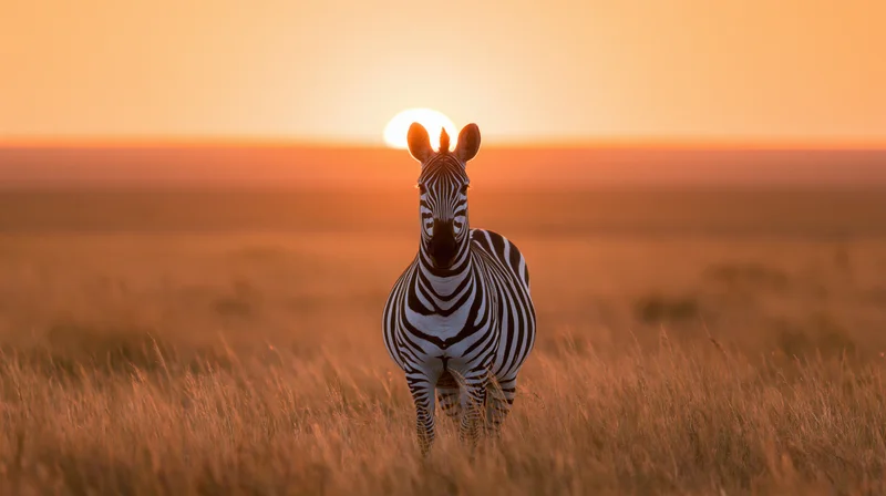 Zebra standing in tall grass facing the camera at sunset in open savanna