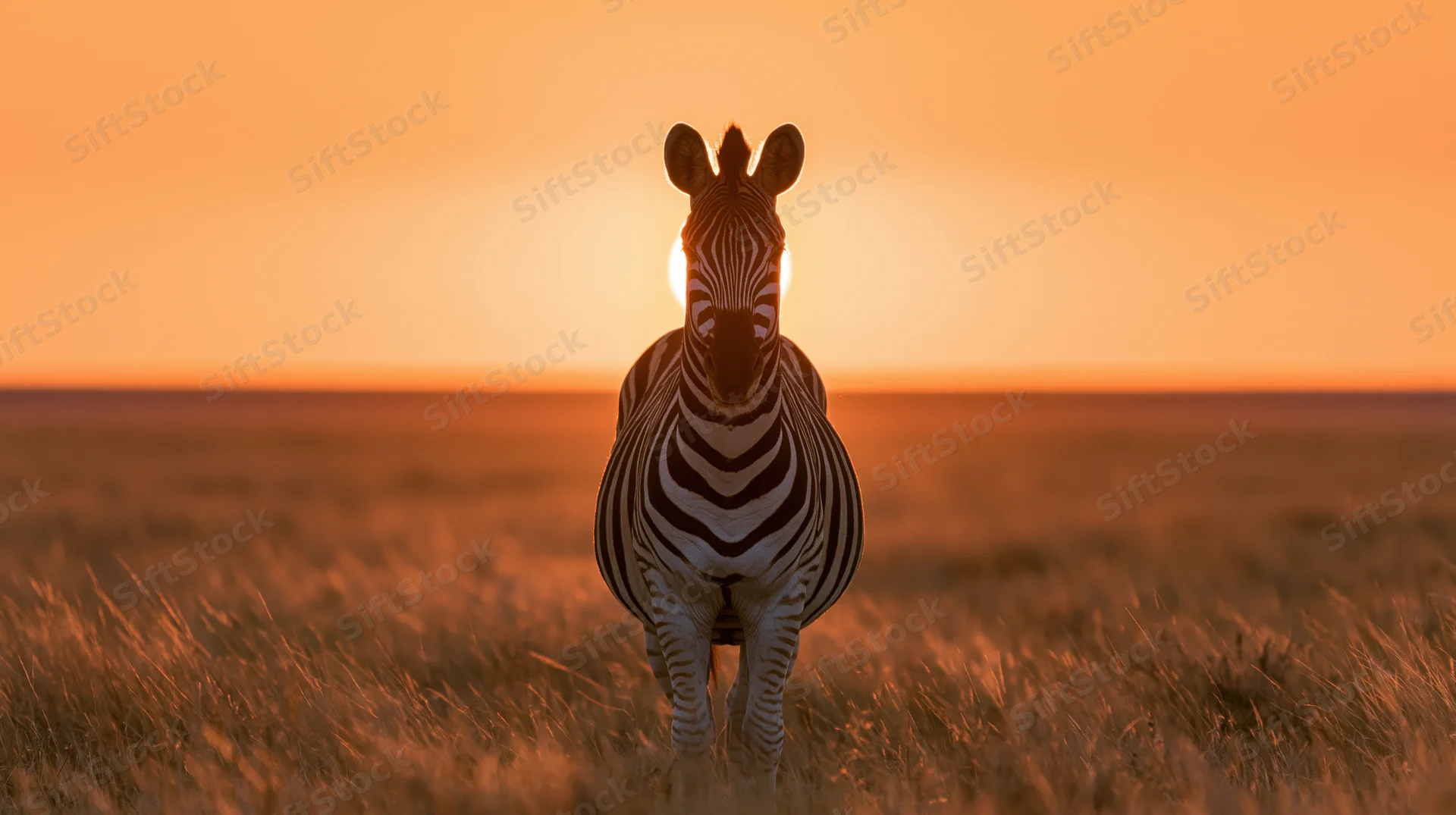 Zebra standing in savanna grassland facing sunset