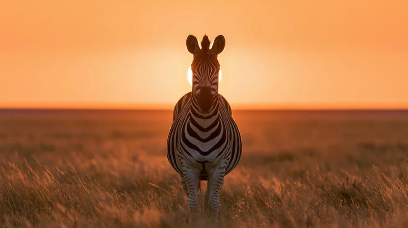 Zebra standing in savanna grassland facing sunset