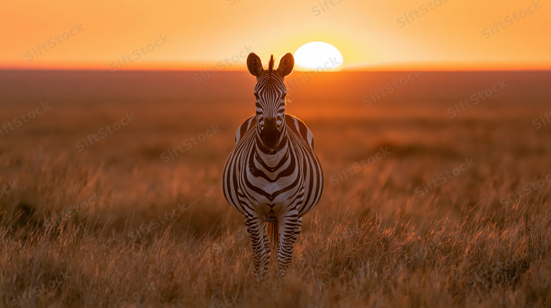Zebra standing in savanna grassland facing camera at sunset