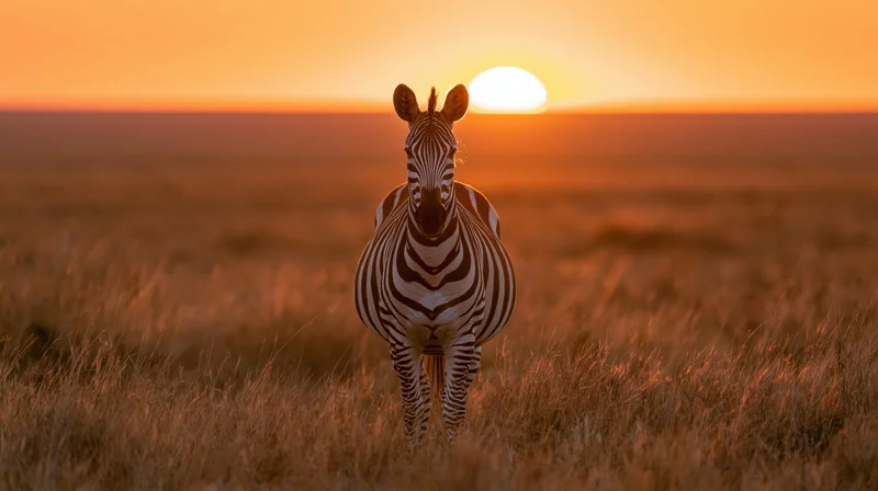 Zebra standing in savanna grassland facing camera at sunset