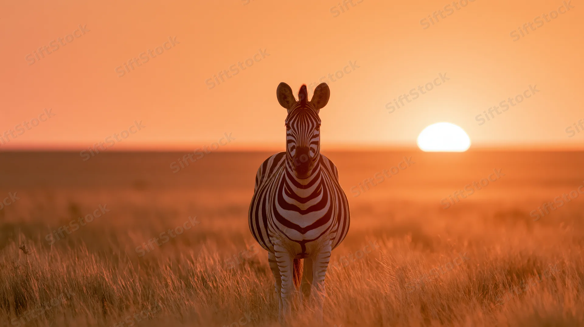 Zebra standing in open savanna grassland facing the camera at sunset