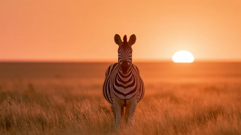 Zebra standing in open savanna grassland facing the camera at sunset
