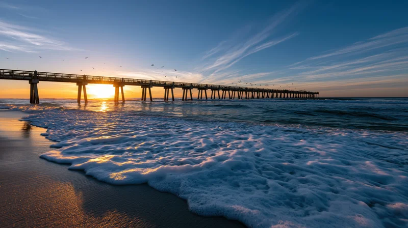 Long wooden pier extending over ocean at sunset with waves and foam on sandy beach