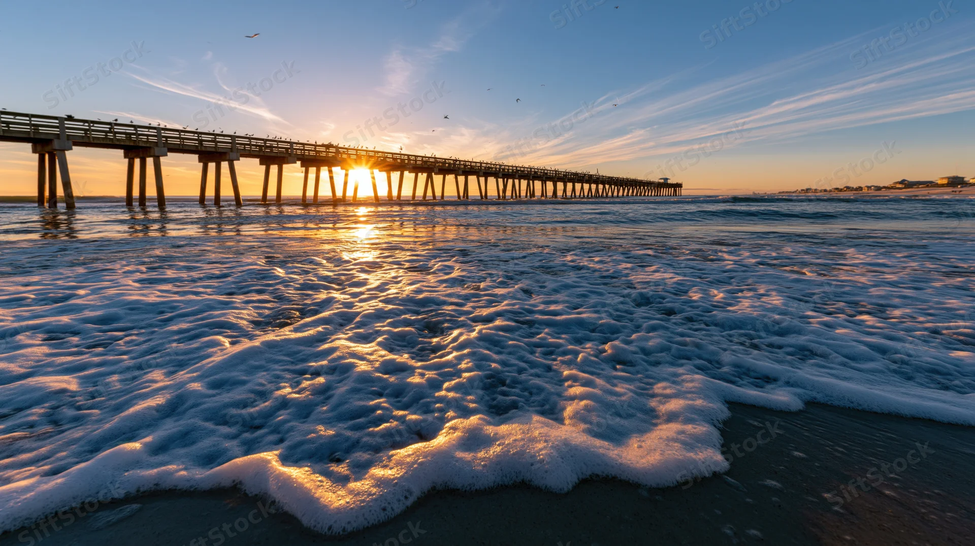 Long wooden pier extending over ocean at sunset with foamy waves washing ashore