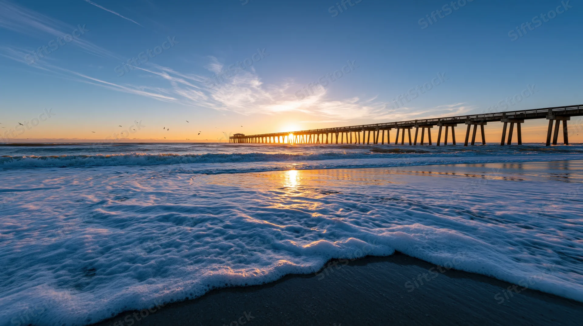 Long wooden pier extending over ocean at sunset with waves washing onto sandy beach