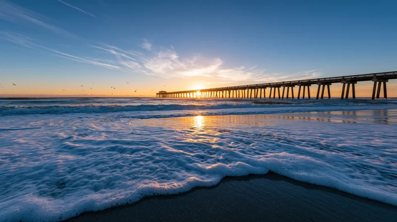 Long wooden pier extending over ocean at sunset with waves washing onto sandy beach
