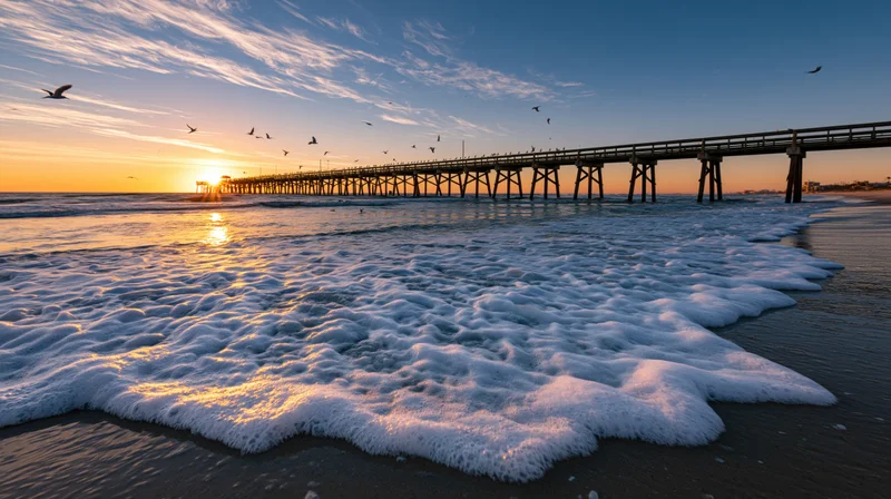 Long wooden pier extending over ocean at sunset with foamy waves washing ashore and seagulls flying above