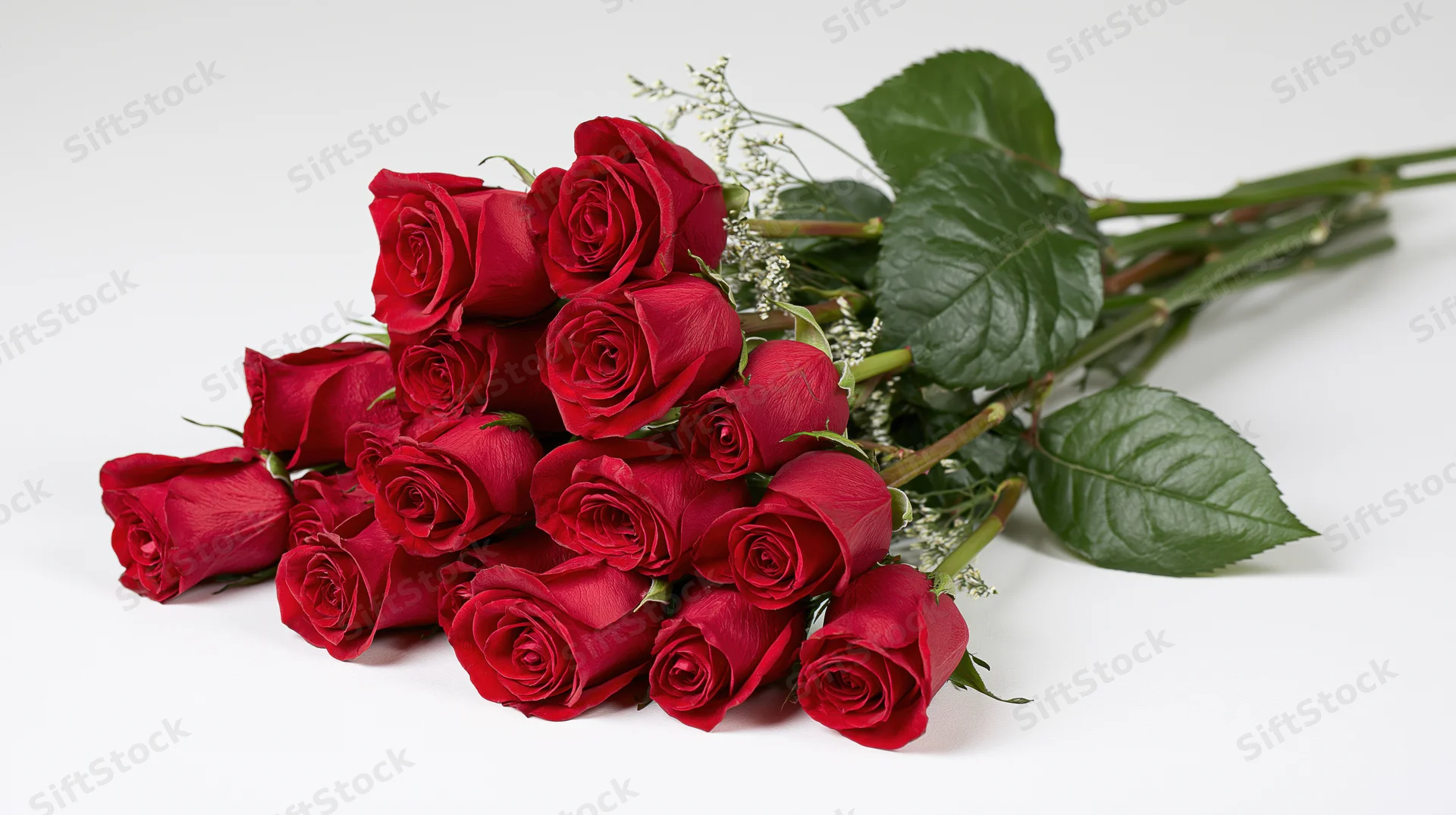 A loose bouquet of red roses with long stems and green leaves on a white background