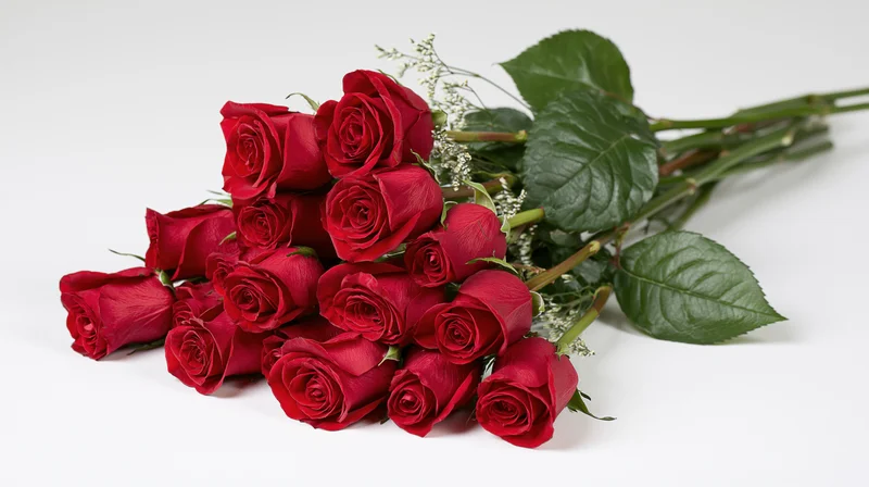 A loose bouquet of red roses with long stems and green leaves on a white background