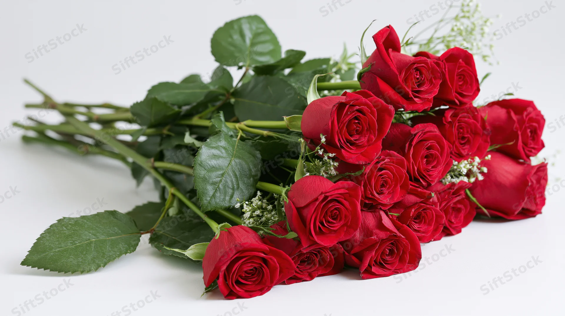 A loose bouquet of red roses with long green stems and leaves on a white background