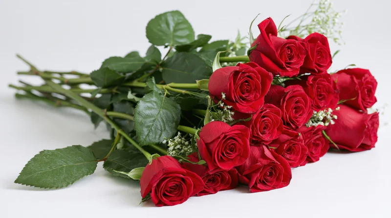A loose bouquet of red roses with long green stems and leaves on a white background