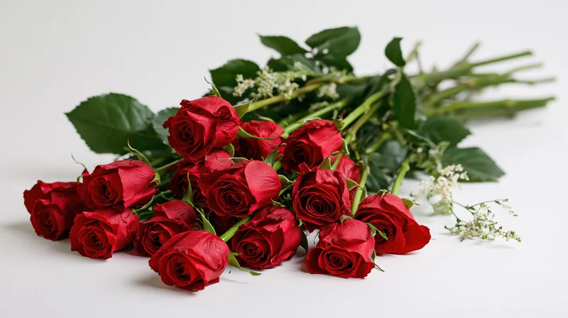 Loose bouquet of red roses with long stems and green leaves on white background