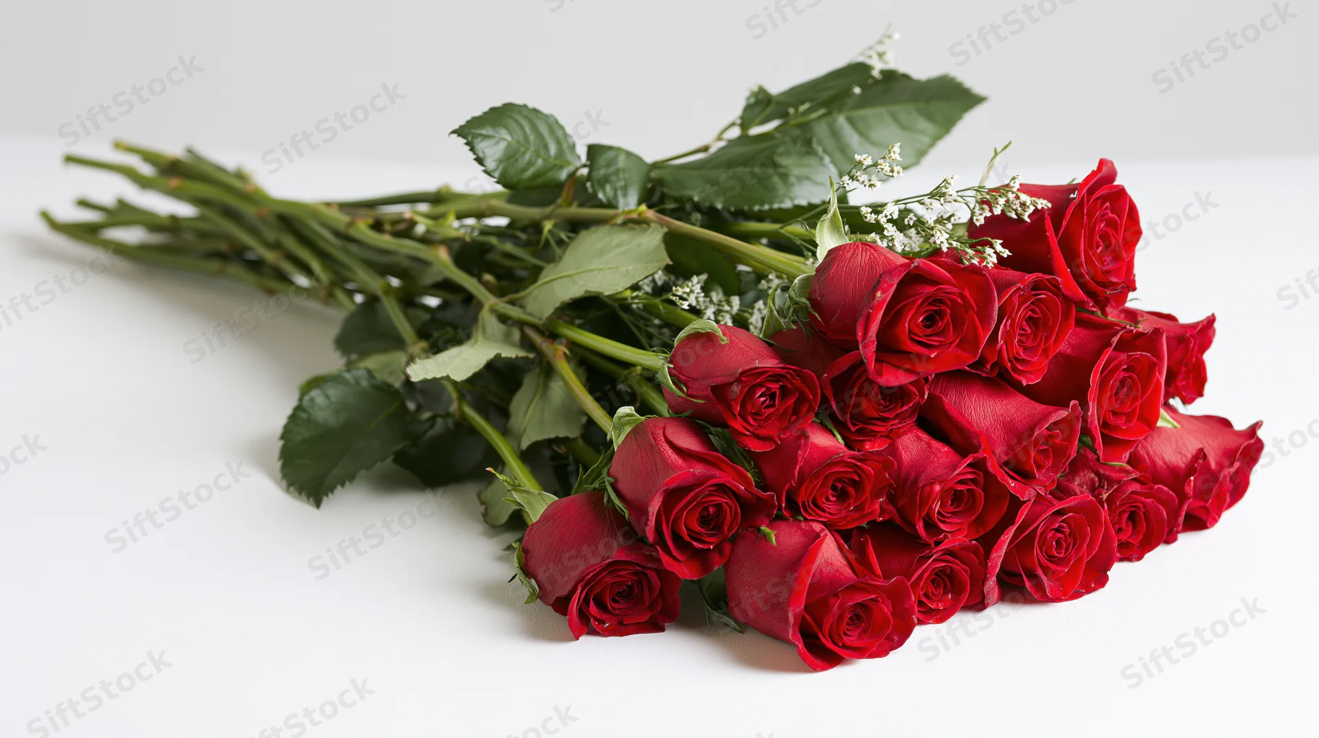 A loose bouquet of red roses with long green stems and small white filler flowers on a white surface