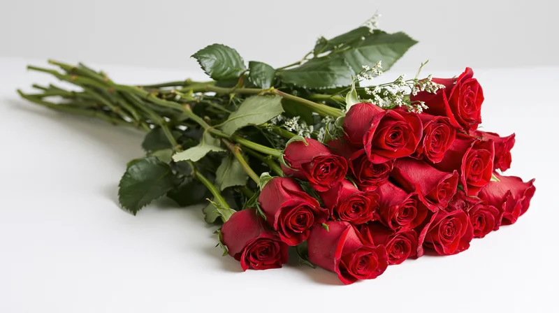 A loose bouquet of red roses with long green stems and small white filler flowers on a white surface