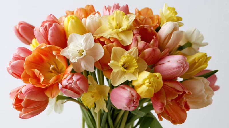 A loose bouquet of mixed spring tulips and narcissus flowers against a white background