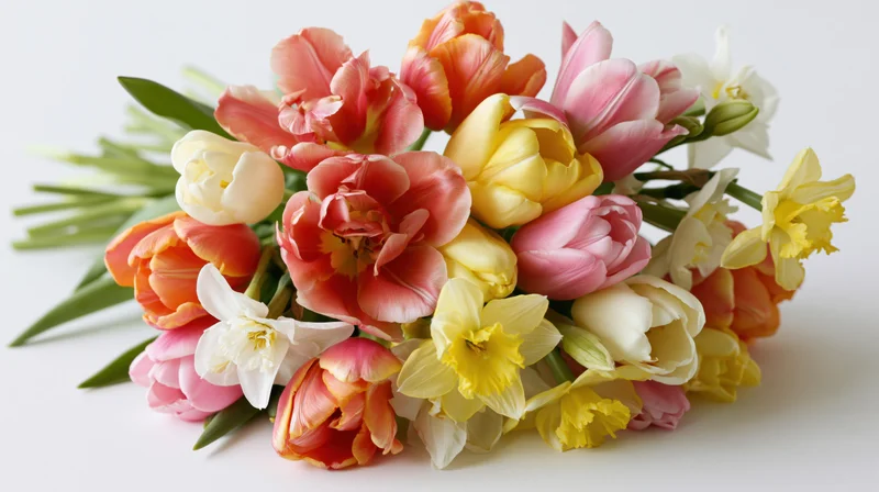 A loose bouquet of mixed spring tulips and narcissus flowers on a white background