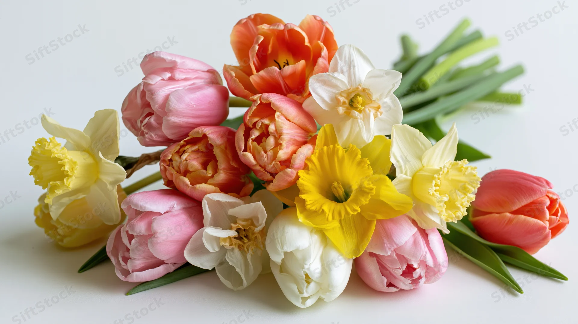 A loose bouquet of mixed spring tulips and narcissus flowers on a white background