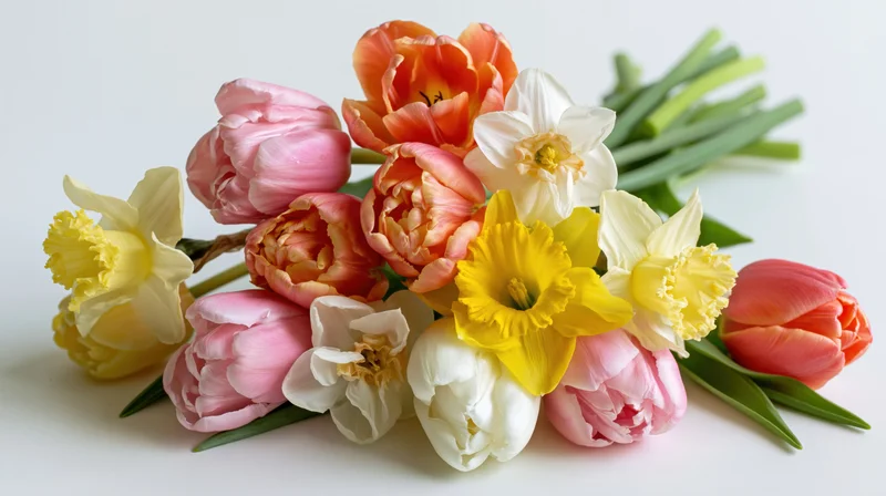 A loose bouquet of mixed spring tulips and narcissus flowers on a white background