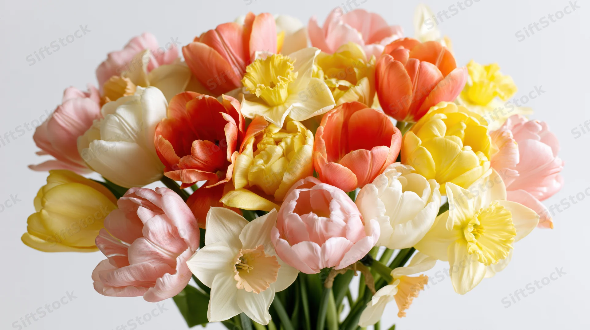 A loose bouquet of mixed spring tulips and narcissus flowers against a white background