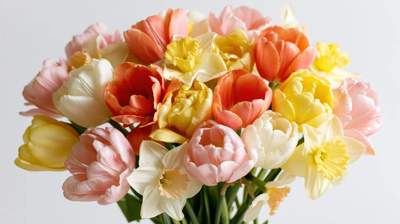 A loose bouquet of mixed spring tulips and narcissus flowers against a white background