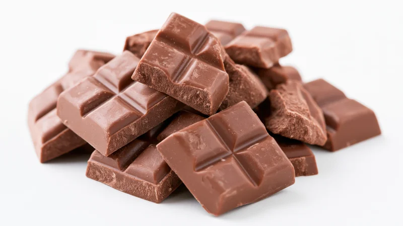 Broken milk chocolate bar pieces piled together on white background