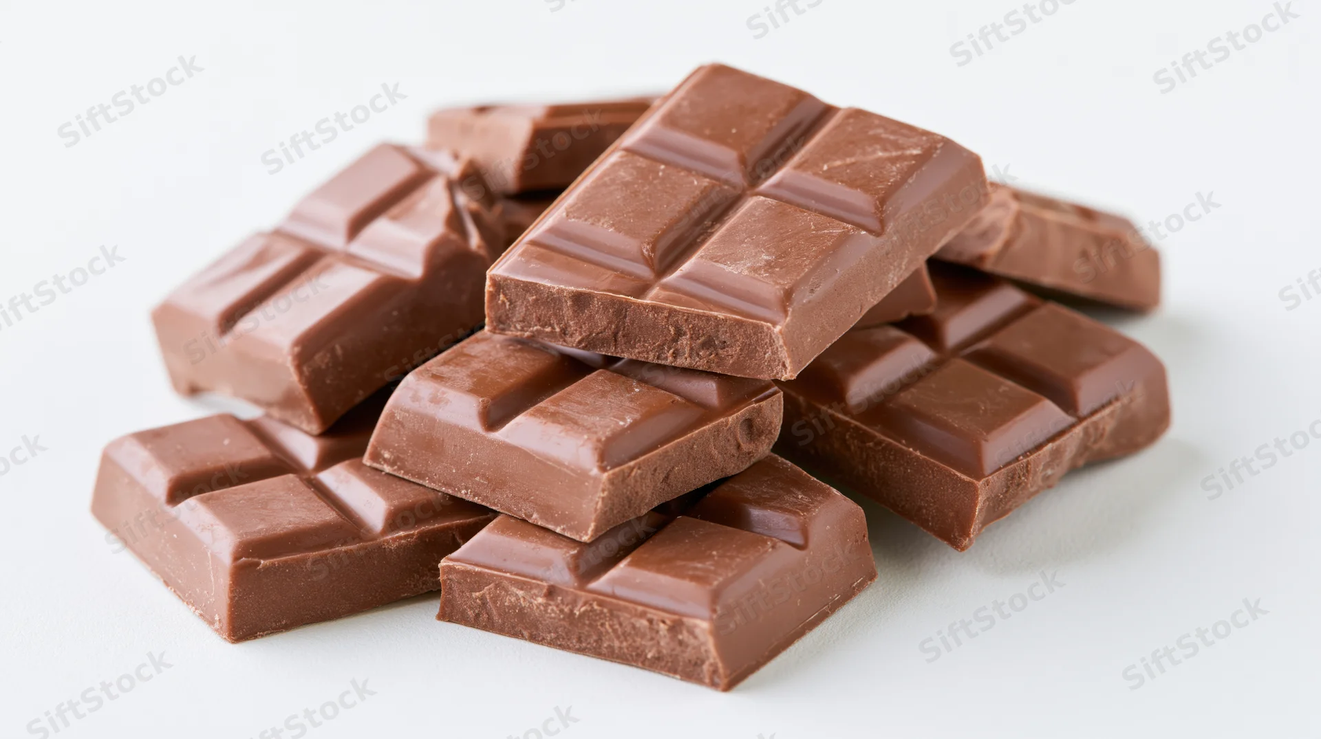 Broken milk chocolate bar pieces stacked in a loose pile on white background