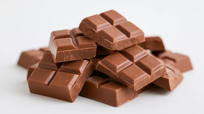 Broken milk chocolate bar pieces piled together on a white surface