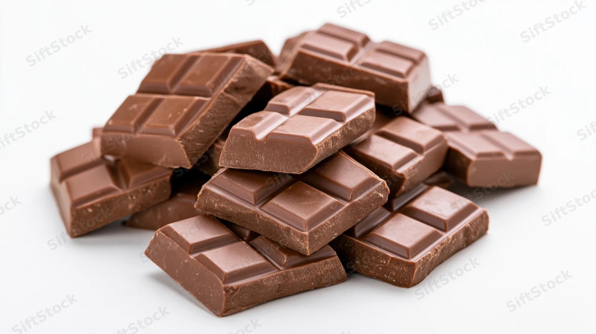 Broken milk chocolate bar pieces piled together on white background