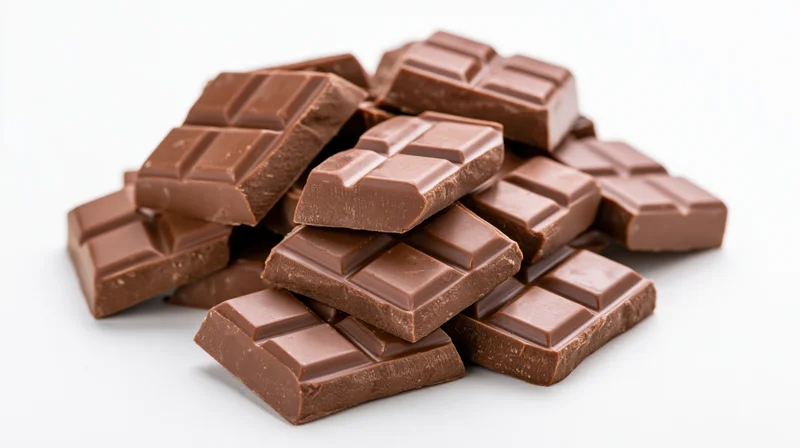Loose pile of broken milk chocolate bar pieces stacked casually