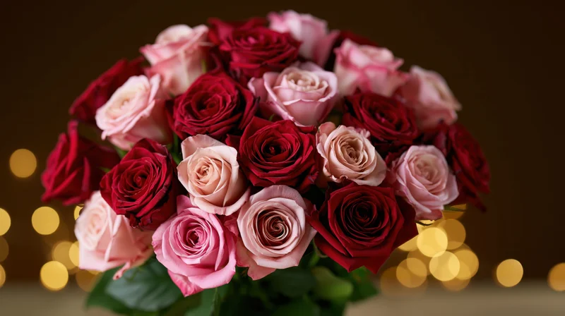 Lush bouquet of red and pink roses arranged closely together with golden bokeh lights in the background