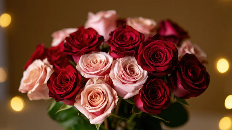 A lush bouquet of red and pink roses arranged closely together with soft golden bokeh lights in the background