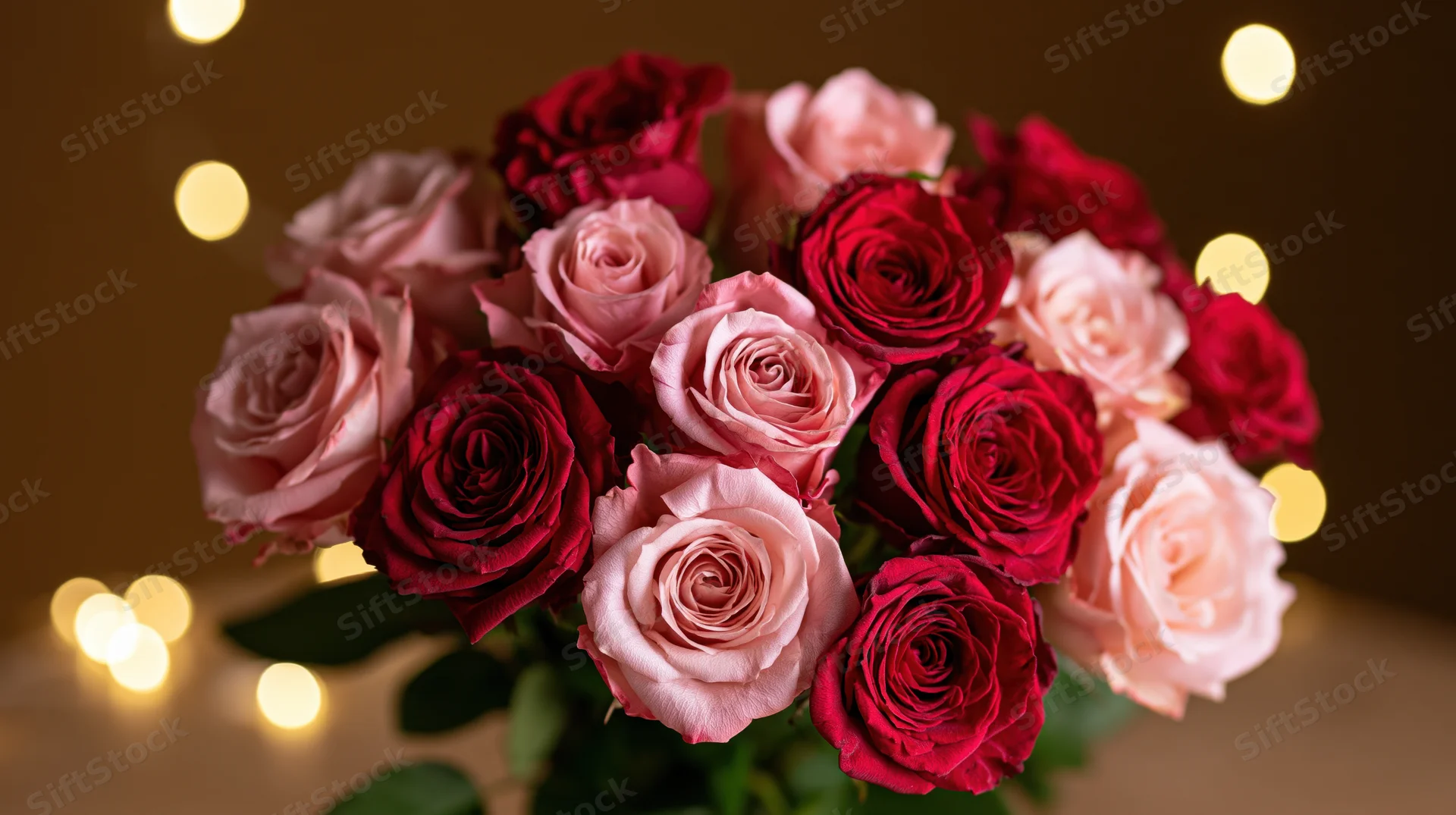 A lush bouquet of red and pink roses arranged closely together with warm bokeh lights in the background