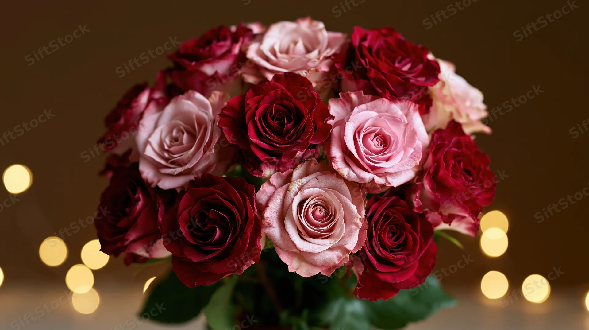 Lush bouquet of red and pink roses with soft bokeh lights in background