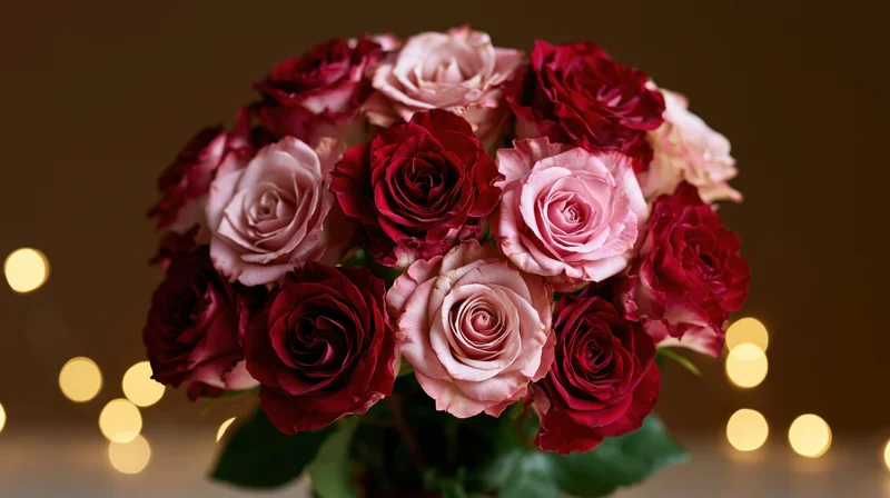 Lush bouquet of red and pink roses with soft bokeh lights in background