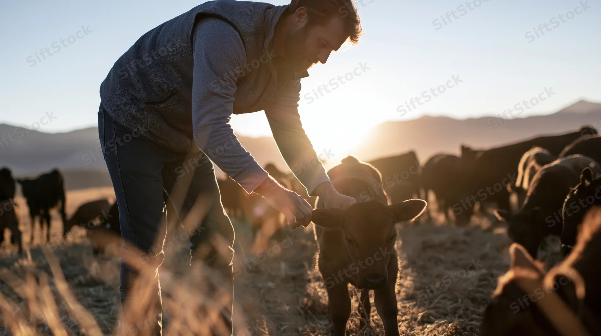 Male farmer touching a brown calf in a pasture at sunset