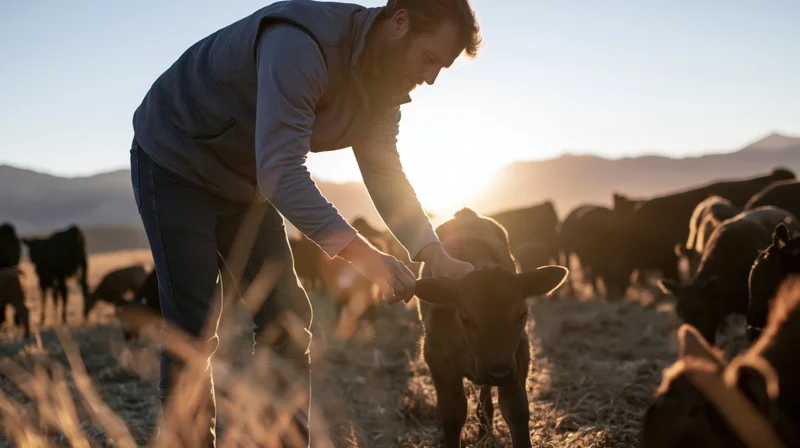 Male farmer touching a brown calf in a pasture at sunset