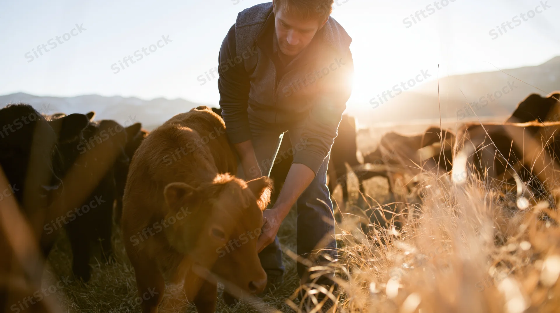 Male farmer leaning to touch a brown calf in a sunlit pasture with cattle around