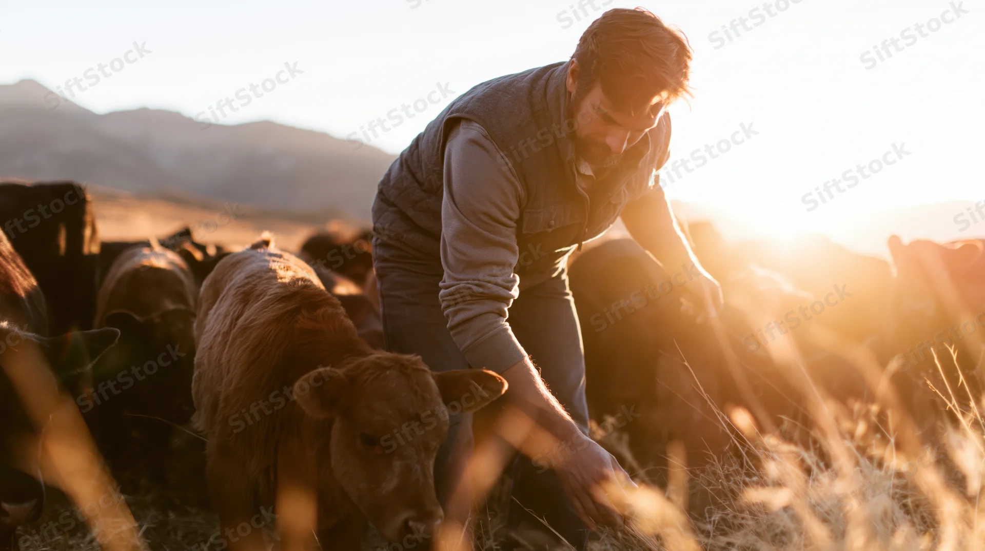 Male farmer leaning to touch a brown calf in a sunlit pasture with cattle and mountains in the background