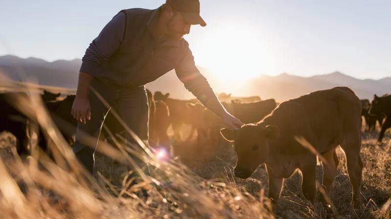 Male farmer touching a brown calf in a grassy field at sunset