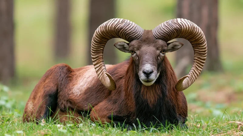 Male mouflon ram resting on green grass facing the camera in a forest clearing