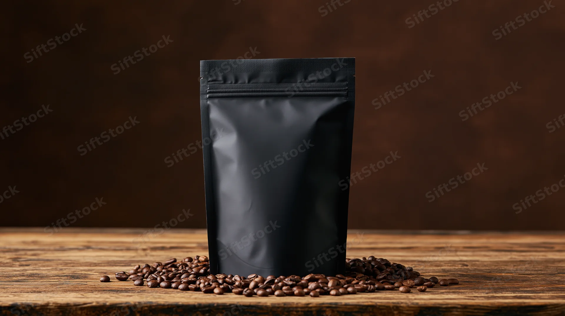 Matte black resealable coffee pouch standing upright on a wooden table surrounded by coffee beans