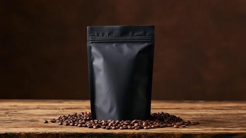 Matte black resealable coffee pouch standing upright on a wooden table surrounded by coffee beans