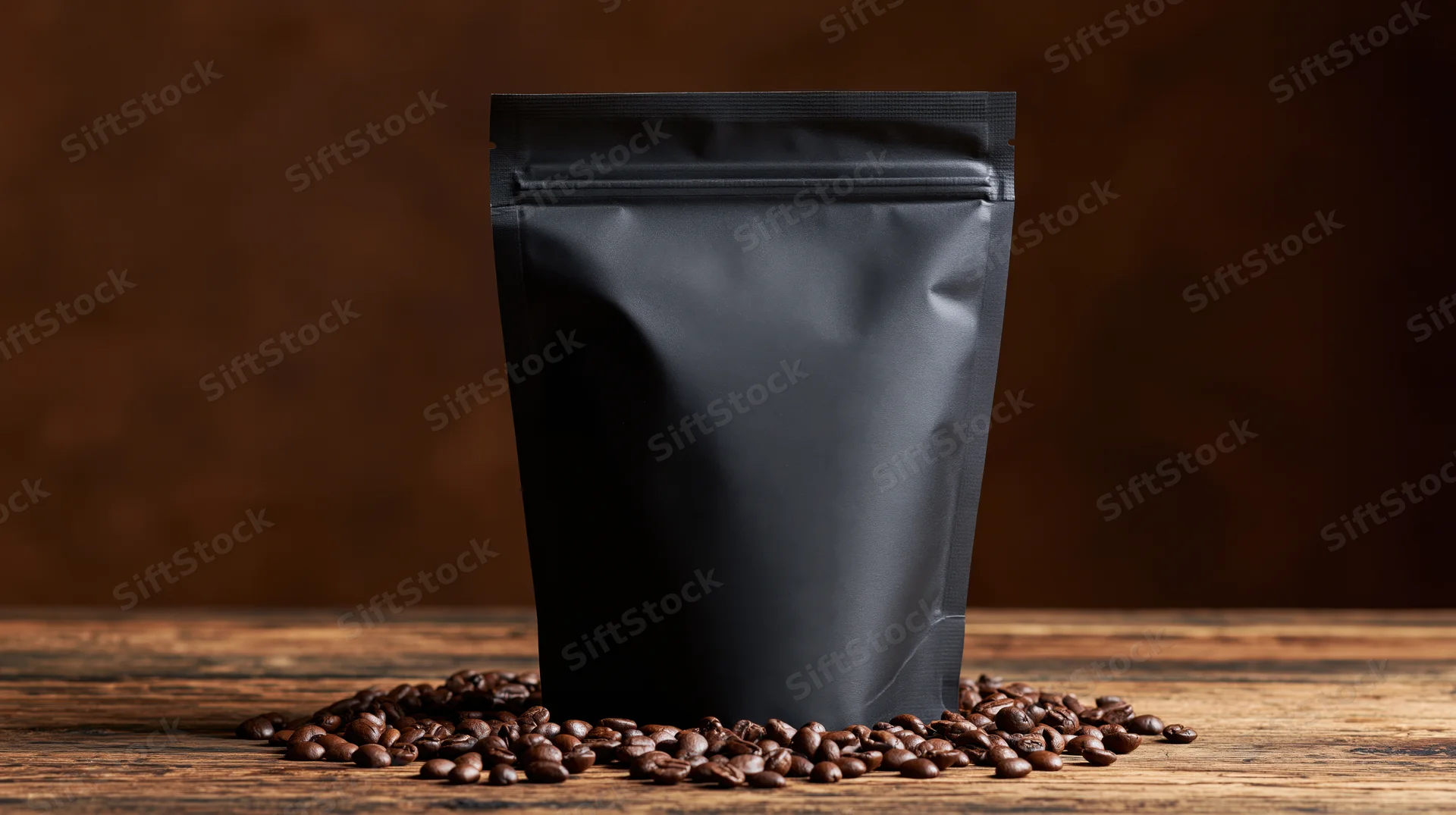 Matte black resealable coffee pouch standing upright on wooden table surrounded by coffee beans